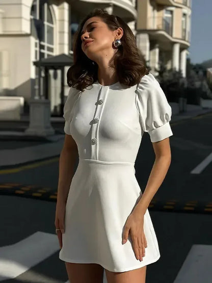 Elegant Slim Mini Dress Women Lace Short Sleeve Doll Collar Button Splice Autumn Fashion Classic Office Dresses Female
