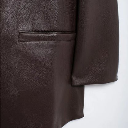 American Retro Women Brown Red PU Leather Blazer Notched Collar Full Sleeve Midi Long Oversized Suits Loose Outerwear