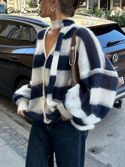 Loose Mohair Striped V-neck Cardigan Women With Scarf Fashion Lantern Sleeve Single Breasted Knitwear Casual Lady New Streetwear