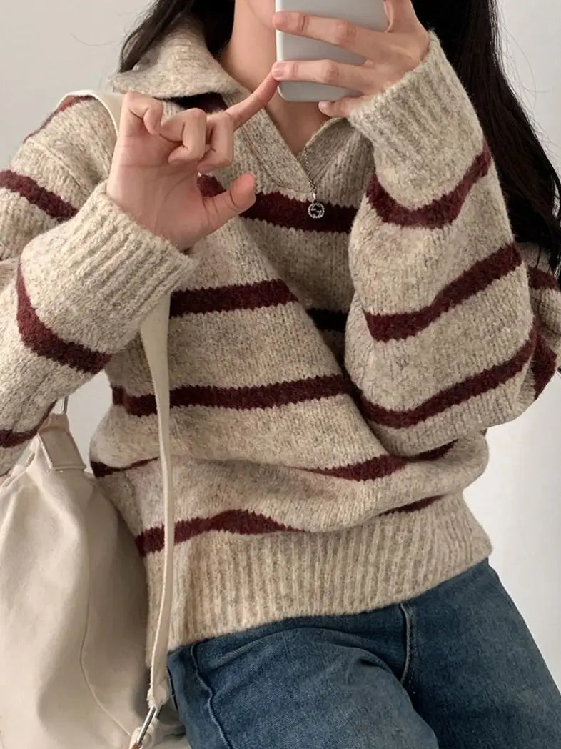 Large size Korean style lapel slimming contrast striped sweater winter long-sleeved loose pullover sweater y2k tops