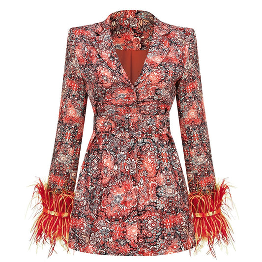 Women's Elegant Floral Print Blazer Dress with Feathered Cuffs | Ideal for All Seasons