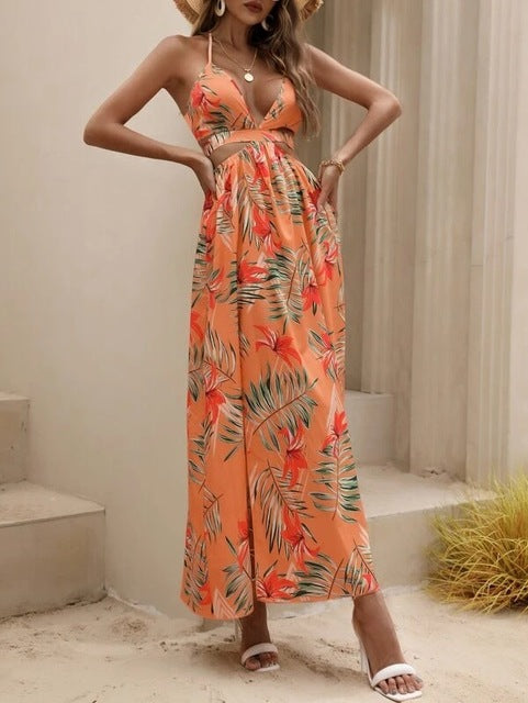 Print Halter Neck Slit Dresses Women Sexy Deep V-neck Hollow Out Backless Bowknot Leace-up Long Dress Female Streetwear Vestidos