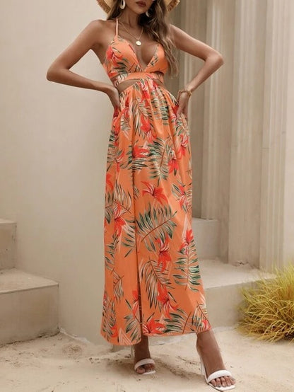 Print Halter Neck Slit Dresses Women Sexy Deep V-neck Hollow Out Backless Bowknot Leace-up Long Dress Female Streetwear Vestidos