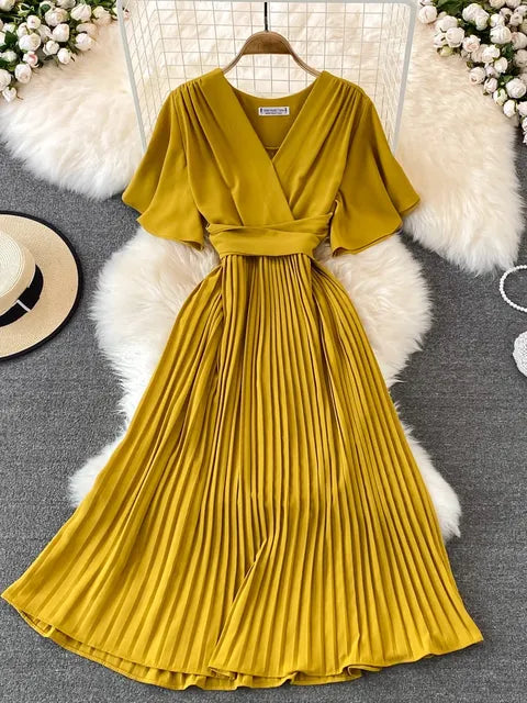 Women Elegant Pleated Dress Summer Short Sleeve V-neck Vintage Dresses Ladies A Line High Waisted Midi Dress