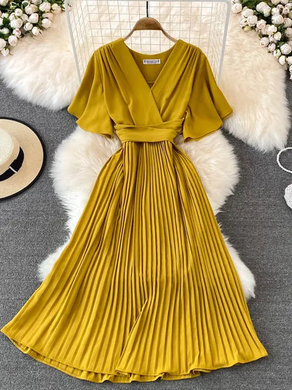 Women Elegant Pleated Dress Summer Short Sleeve V-neck Vintage Dresses Ladies A Line High Waisted Midi Dress