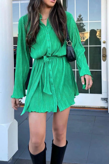 Printed Pleated Lace Up Mini Dress