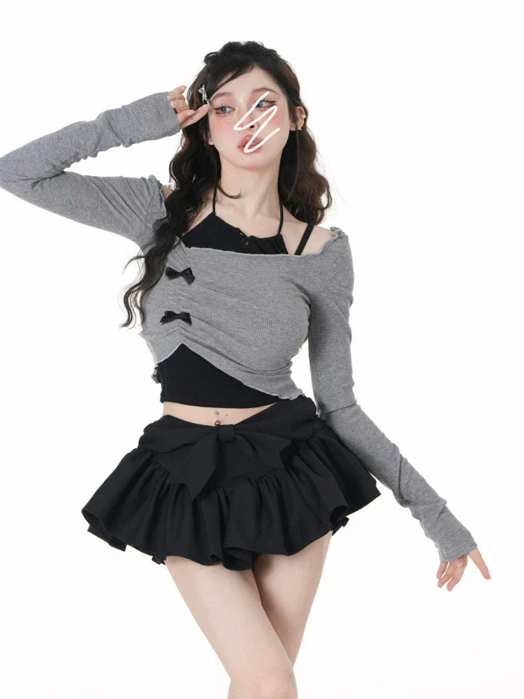 Voguable Korean 2 Piece Set Skirt Slim Y2k Crop Tops Casual Vintage Black Mini Skirt Kawaii Sweet Suit Woman Chic