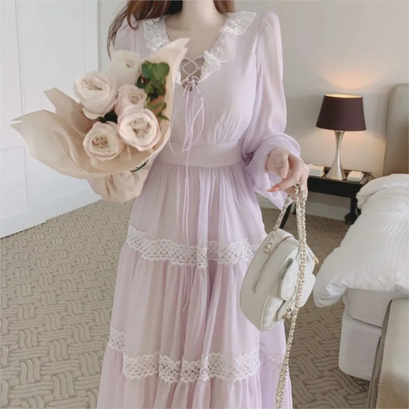 French Vintage Fairy Midi Dresses for Women Lantern Sleeve High Waist V-neck A-line Princess Party Dress Casual Female Vestidos
