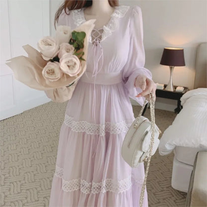French Vintage Fairy Midi Dresses for Women Lantern Sleeve High Waist V-neck A-line Princess Party Dress Casual Female Vestidos