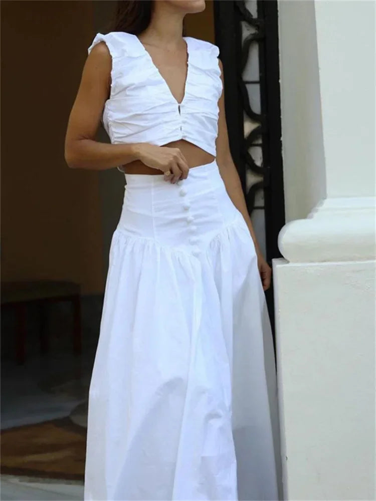 White Pleated 2 Piece-Set Maxi Skirt Women V-Neck Cropped Top And Patchwork Fashion Long Skirt Sets Ladies Solid Outfits