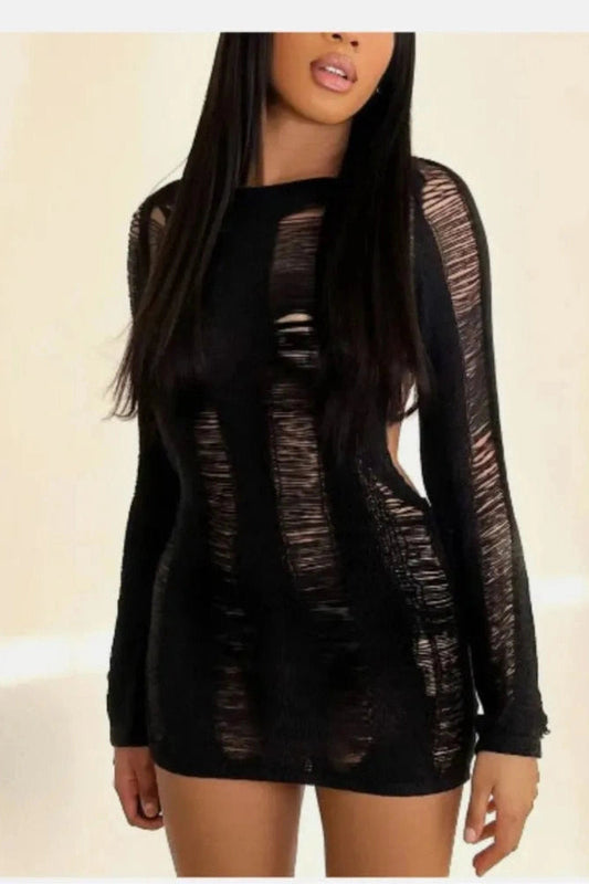Backless Long Sleeve Round Neck Mini Dress