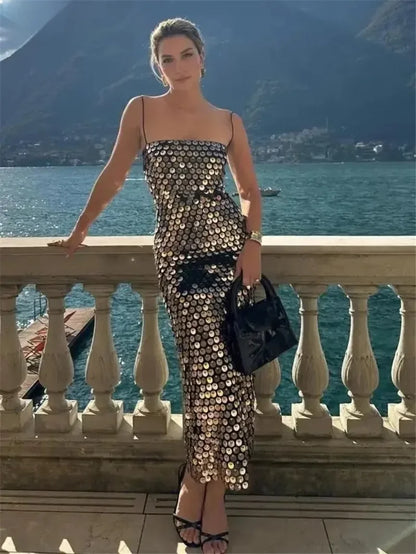 Sequin Strap Sleeveless Shiny Party Dress