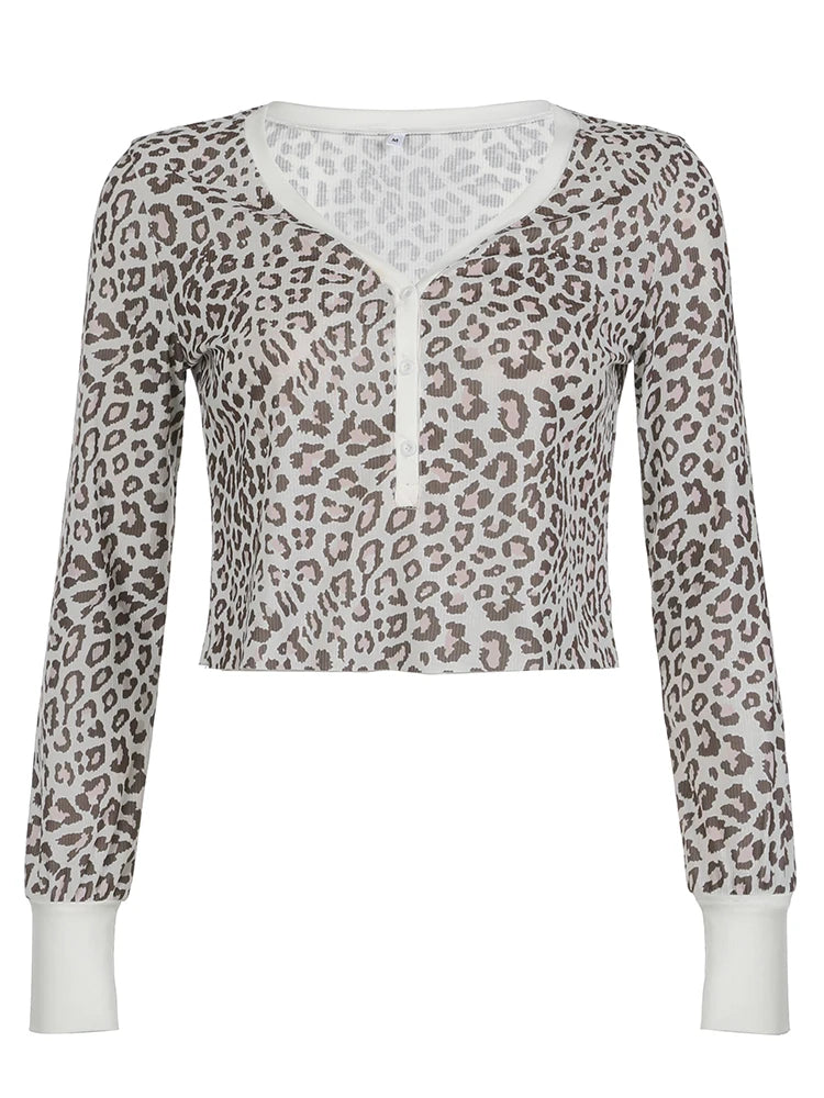 Patchwork Leopard Print Y2K Tee Button Up V Neck Contrast Color Long Sleeve Casual Knitted T Shirt Women