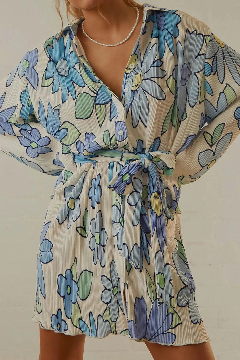 Printed Pleated Lace Up Mini Dress