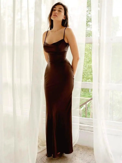 Satin Ruched Strap Maxi Elegant Silk Dress