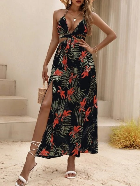 Print Halter Neck Slit Dresses Women Sexy Deep V-neck Hollow Out Backless Bowknot Leace-up Long Dress Female Streetwear Vestidos