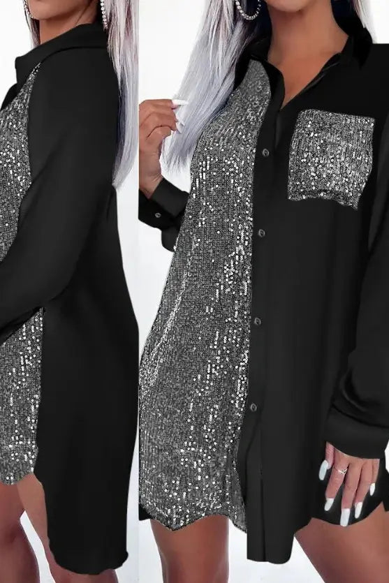 Sequin Pocket Shirt Mini Dress