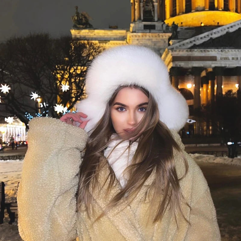 Winter Women Fluffy Furry Faux Fox Fur Bomber Hats Flaps Luxury Vintage Y2k Girls Warm Earflap Snow Ski Hat Caps Russian