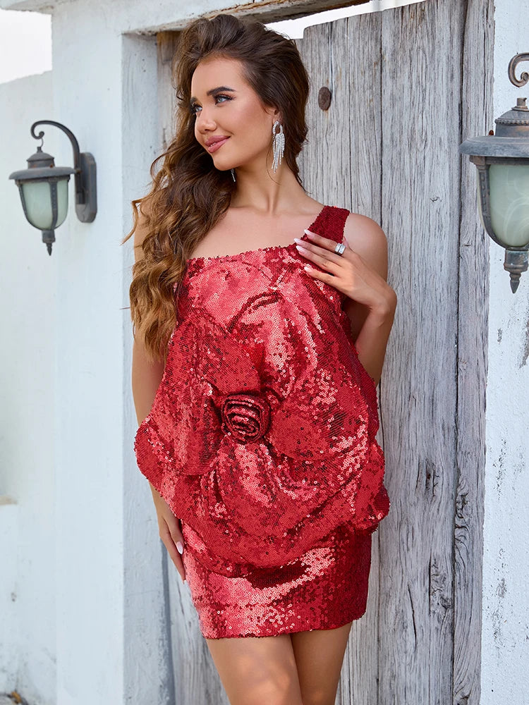 Odalys One Shoulder Red Sequin Mini Dress with 3D Flowers