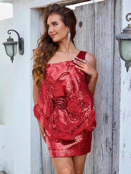 Odalys One Shoulder Red Sequin Mini Dress with 3D Flowers