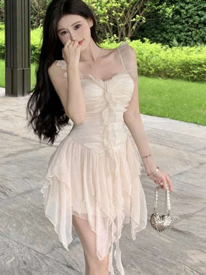 Y2K Irregular Ruffles Short Dresses for Women Spaghetti Strap High Waist A-line Summer New Korean Fashion One Piece Party Dress