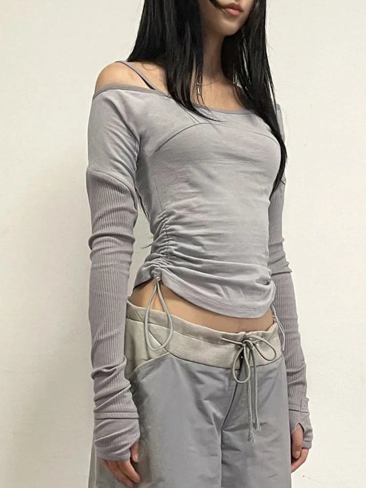 Slash Neck Patchwork Long Sleeve Slim Basic Casual Tees Side Shirring Womens T Shirt