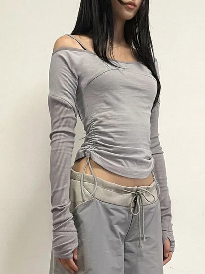 Slash Neck Patchwork Long Sleeve Slim Basic Casual Tees Side Shirring Womens T Shirt