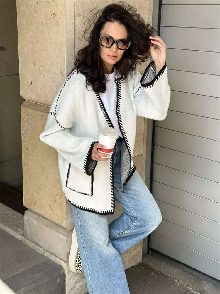 Knit Contrast Cardigan Sweater For Women Lace-Up Pocket Long Sleeve Patchwork Loose Coat Autumn Knitwear Women&#8217;s Outwear