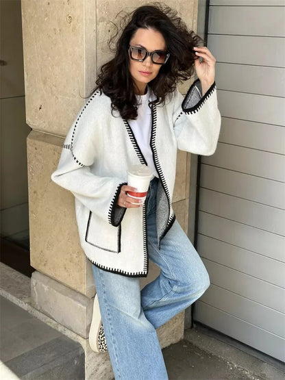 Knit Contrast Cardigan Sweater For Women Lace-Up Pocket Long Sleeve Patchwork Loose Coat Autumn Knitwear Women&#8217;s Outwear