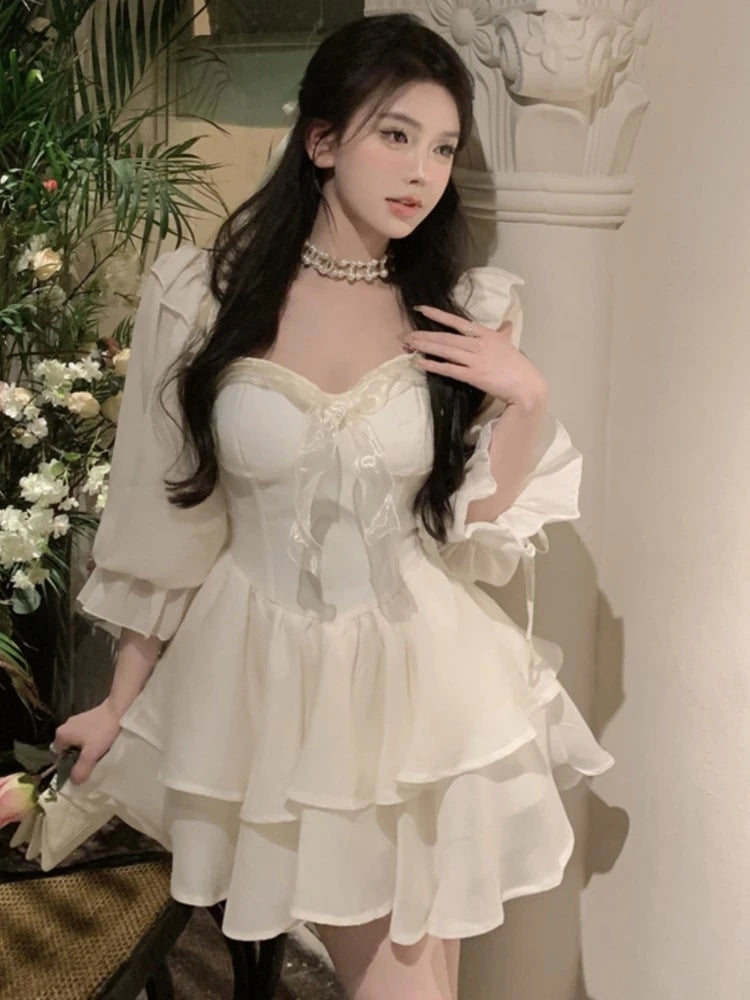 Elegant Princess Party Dress Flare Sleeves Layered Ruffles A-line Short Dresses for Women Korean Fashion One Piece Vestido Mujer