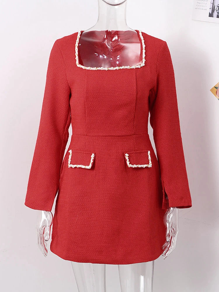 Elegant Tweed Short Party Dress Women Long Sleeve Square Collar Fake Pocket Evening Dresses  Autumn Shiny Slim A-line Robes