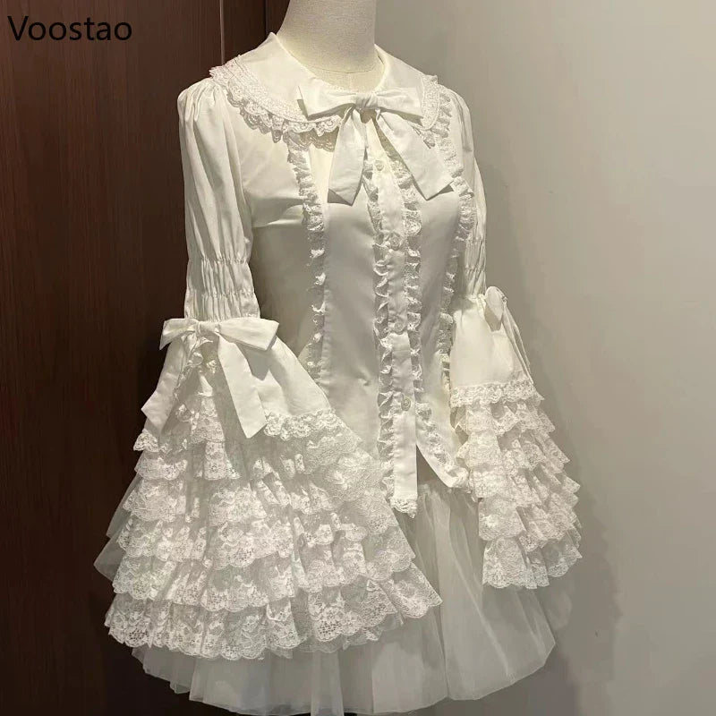 Vintage Lolita Style Shirts Gothic Y2k Bow Lace Ruffle Flare Long Sleeve Blouse Japanese Sweet Elegant Cute Tops