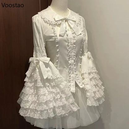 Vintage Lolita Style Shirts Gothic Y2k Bow Lace Ruffle Flare Long Sleeve Blouse Japanese Sweet Elegant Cute Tops