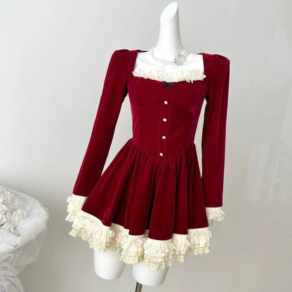 Elegant Velvet Lace Ruffles Patchwork Short Dresses for Women Long Sleeve A-line Korean Fashion Christmas Birthday Party Dress