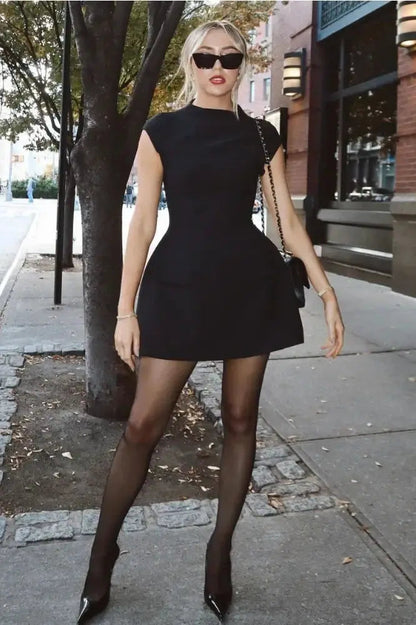 Sleeveless High Waist Patchwork Mini Dress with Pocket