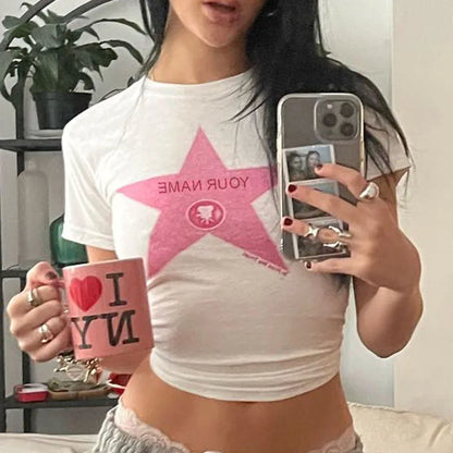 New printed T-shirt, fashionable casual short sleeved top, Y2K summer sexy electronic girl T-shirt, women’s clothing