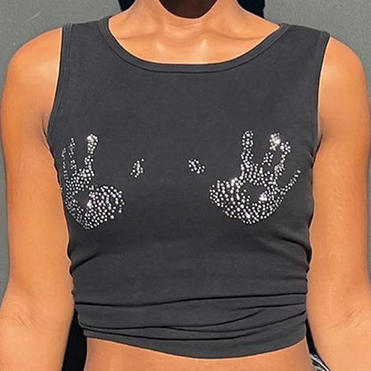 Y2K Trendy European and American Women’s Summer New Round Neck Hot Diamond Sleeveless Open Navel Slim Fit Tank Top T-shirt Top