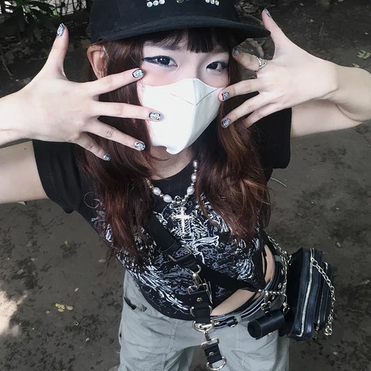 90s Harajuku printed T-shirt short sleeved tight top women&#8217;s Y2K street wear exposed navel top