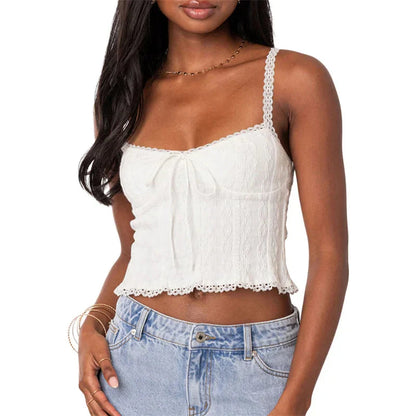 Lace Trim Tank Top Solid Color Spaghetti Strap Sleeveless Camisole with Bow y2k Aesthetic Clothes Clubwear