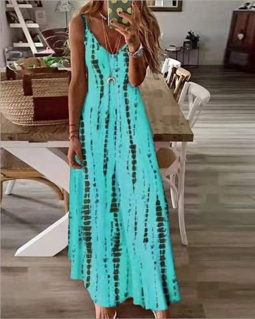 Casual Printed Maxi Spaghetti Strap Dresses For Women V-neck Backless A-line Long Dress Fashion Bohemian Style Beach Vestidos