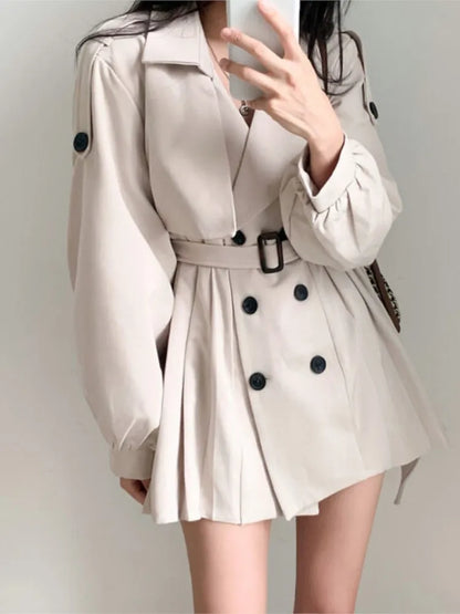 Autumn Korean Chic Elegant Trench Coat Pleated Dresses for Women Belt Turn-down Collar Double Breasted Solid Female Vestidos New
