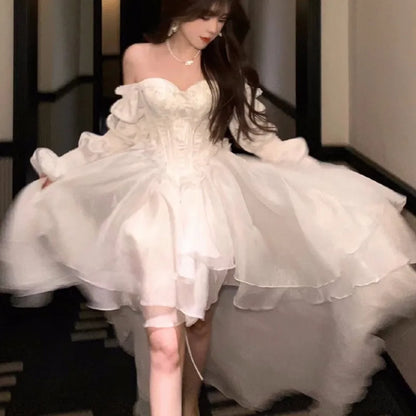 Elegant Evening Party Dresses Women Puff Sleeve Off Shoulder Lace-up Wedding Prom Robe Ball Gown A-line Y2K Midi Vestidos New