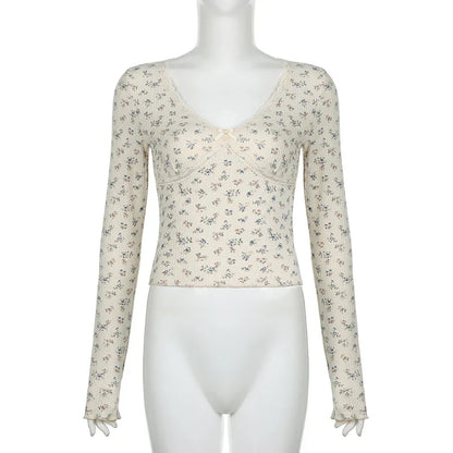 Voguable French Style Floral Print Knitted Tops Beige Color Lace Stitching V-neck Milkmaid T-shirt Cute Coquette Tees Y2K