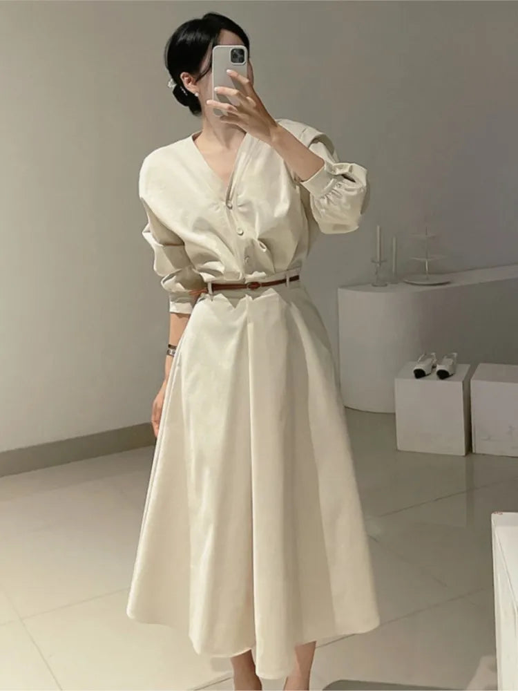 Korean Fashion V-neck Midi Dresses for Women with Belt Long Sleeve A-line Office Lady Autumn New Elegant Solid Female Clothing