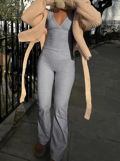 Gray Slim Sleeveless V Neck Vest And V Shape Waist Flared Leggings 2 Pieses Pants Sets Womens Summer Baddie Outfits