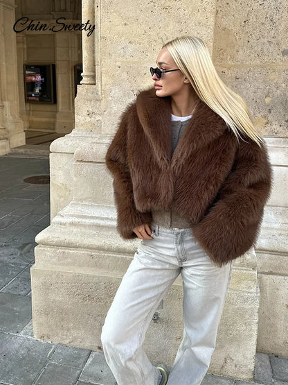 Brown Lapel Faux Fur Short Coat Women Fluffy Long Sleeve Warm Thick Loose Jacket  Autumn Winter Lady High Street Outwear _