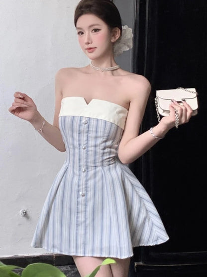 Elegant Y2K Strapless Mini Dresses for Women Bow Patchwork A-line Birthday Party Dress Korean Fashion Prom Short Vestidos Mujer