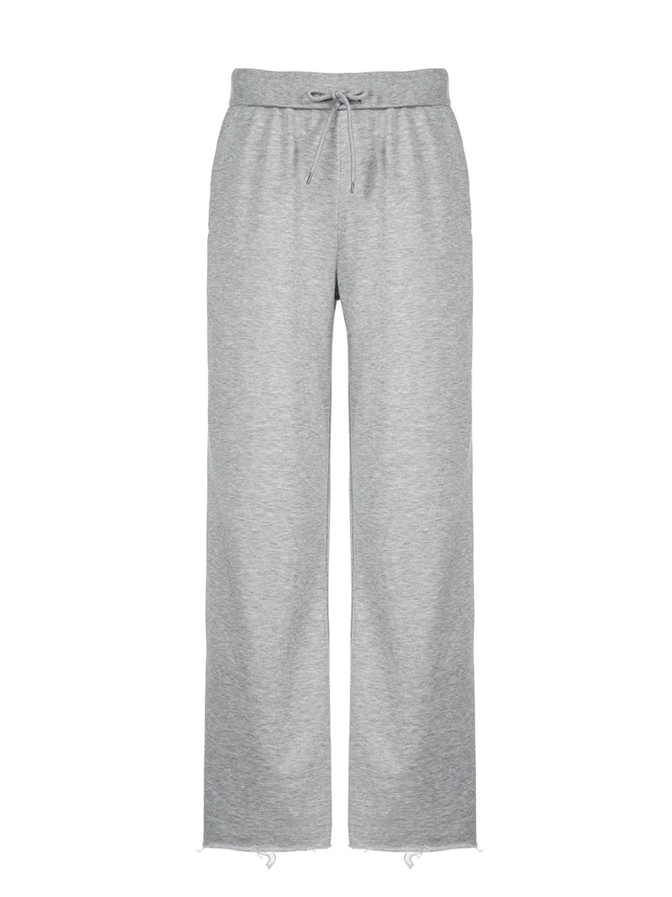 Pockets Drawstring High Waist Casual Loose Sweatpants For Women Gray Solid Basic Simple Straight Leg Pants Jogging Trousers