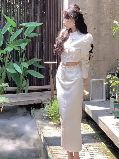 Autumn New Chinese Style Satin 2-Piece Set Vintage Short Blazer High Waist Hip-Wrapped Pencil Skirt Suit Women Luxury Clothing