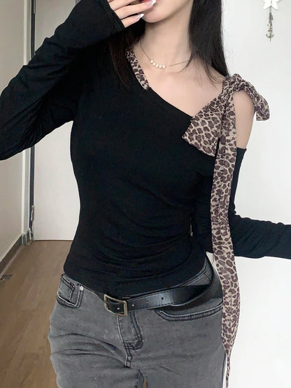 Design Skew Collar Leopard Lace-Up Top Tees s Autumn Women Trendy Clothes Long Sleeve Slim Y2k Blouse New